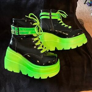 Demonia Black and Neon Green Platforms
